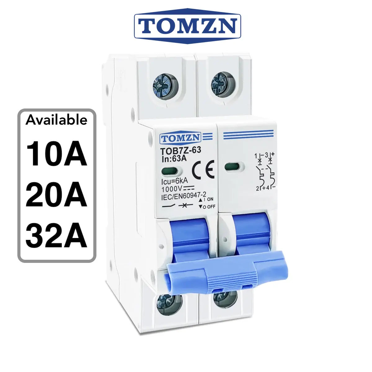 TOMZN 2P DC 12V–1000V MCB (10A, 20A, 32A) for Solar PV System – TOMZN TOB7Z-63